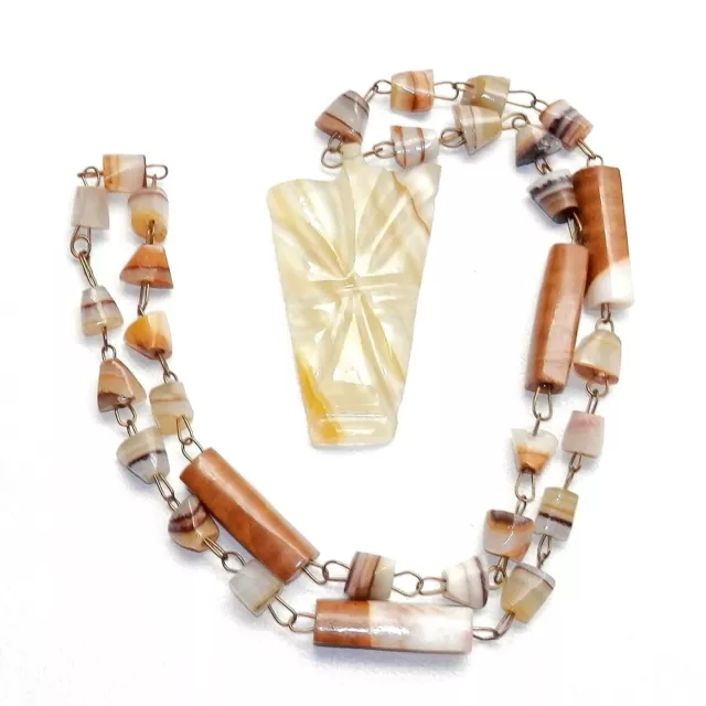 VTG Hand Carved Mexican Brown / White Marble Onyx Aztec Stone Necklace & Pendant