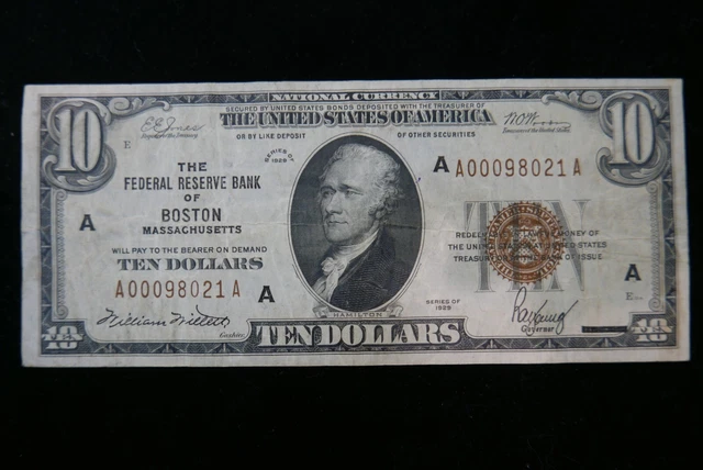 Series 1929 U.s. $10 Ten Dollar National Currency Note Boston Massachussetts