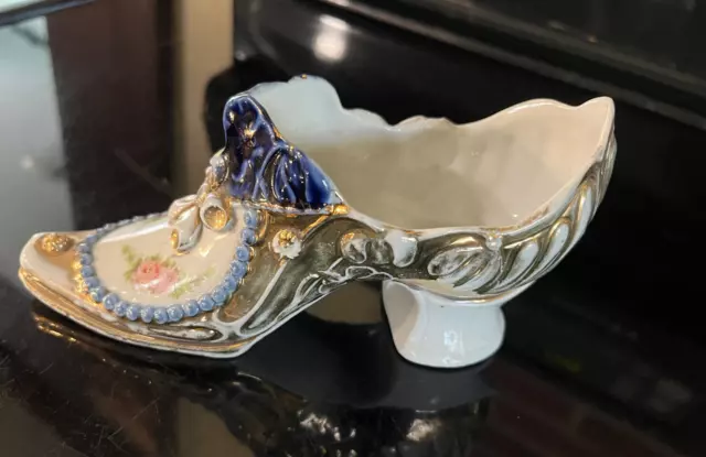 Vintage Ceramic Hand Painted Floral Boot Shoe Vase Planter 7” Long Blue & Gold