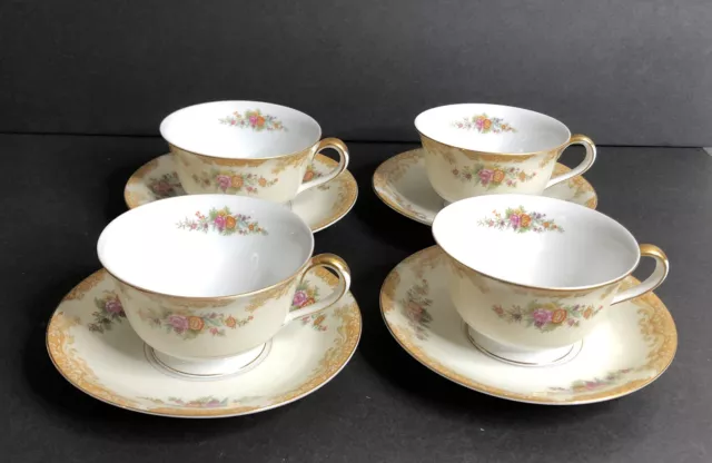4 Noritake Morimura M Mark Cups & Saucers Gold Edge Multicolor Roses Floral 1930