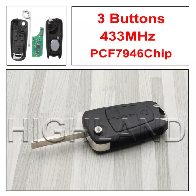 Remote Flip Key Fob 3Button 433MHz PCF7946 For Vauxhall Opel Vectra C SIGNUM