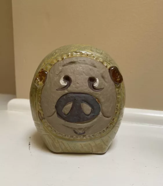 Piggy Bank vintage argile ronde brunâtre céramique peinte à la main art poterie 3