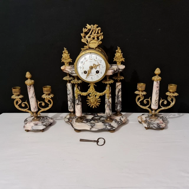 Horloge De Bureau Ancienne Style Louis XVI - Bronze Et Marbre - Mécanique à Poids - XIXe Siècle