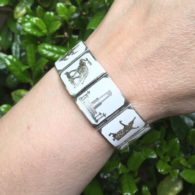 Vintage Siam Thai Sterling Silver White Enamel Panel Souvenir Bracelet 6.5” 50s