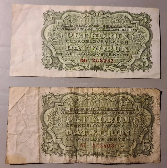 2x CZECHOSLOVAKIA BANKNOTE 5 KORUN 1961