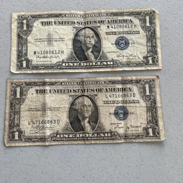 One Dollar $1 Bills Silver Certificates Blue Seal Series 1935B 1935E Lot Of Two