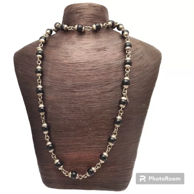 VINTAGE Arenas TAXCO STERLING SILVER  AUTHENTIC BLACK ONYX MEXICAN NECKLACE 25"
