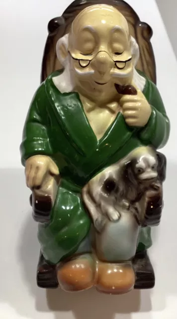 Vintage Ceramic Bank Retirement Fund Old Man in Rocking Chair With Dog 6 In