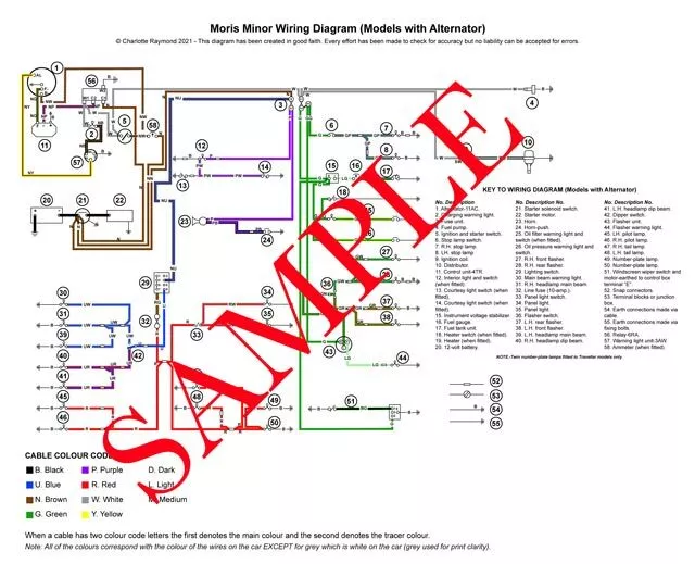 Morris Minor Full Colour Wiring Diagram A3 & Laminated - 16"x12" With Alternator
