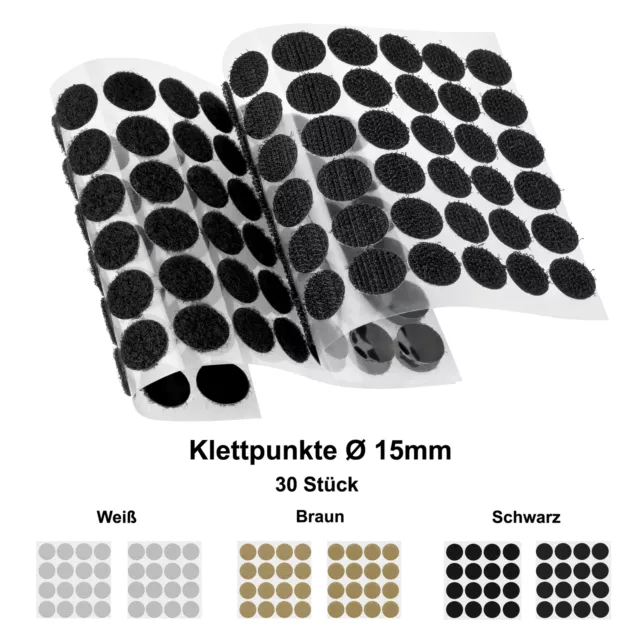 30x Klettpunkte selbstklebend 15mm Klettband Klettverschluss Schwarz Weiß Beige