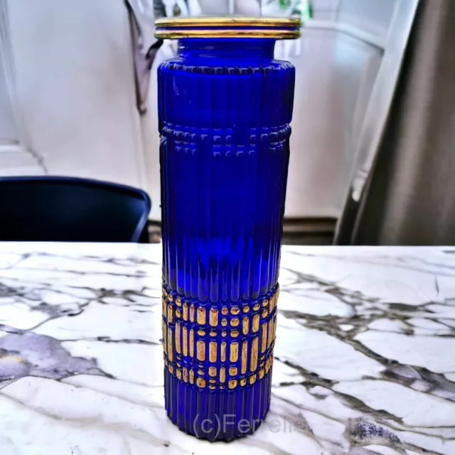 VINTAGE WALTHER GLAS VASE KOBALT-BLAU MIT GOLDRAND  ART DECO 70er 25 CM