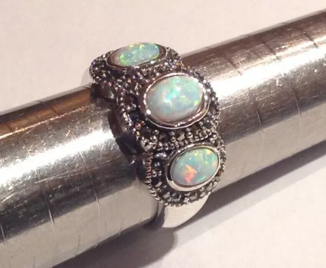 Fire & Ice Opal 3 stone Marcasite Ring Sterling Silver Antique style with Box N