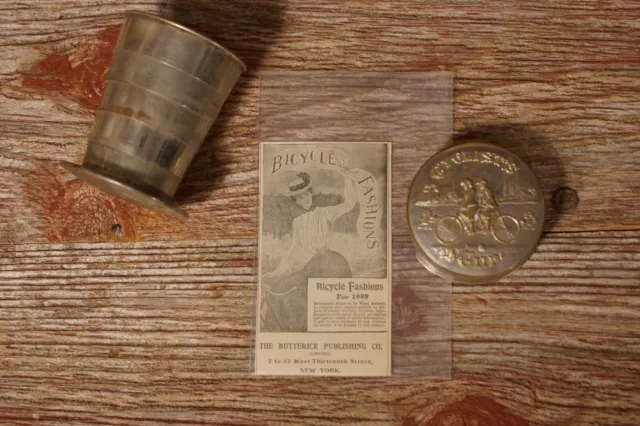 1890's Collapsible Cyclist Metal Cup & Original Cyclist Fashion Clipping 1899