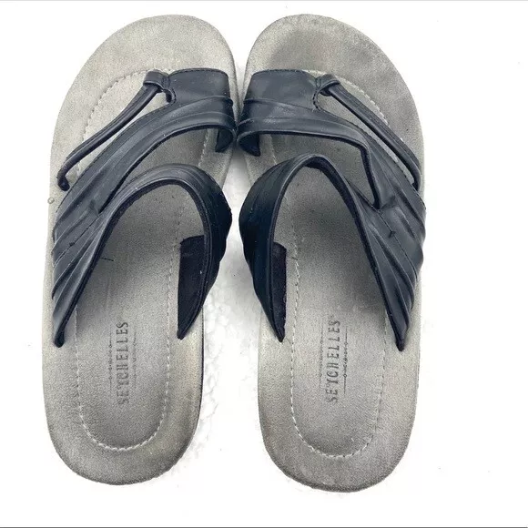 Seychelles Womens Sz 7.5  Black Faux Vegan Leather Toe Strap Slide Sandals Comfy