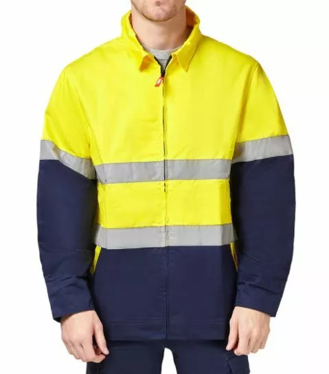 Stubbies Hi Vis Spliced Taped Drill Jacket Reflective Tape Navy Blue/Yellow Coat