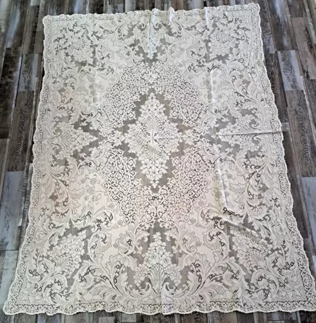 Vintage Quaker Lace Tablecloth Beige Floral Looped Edges Rectangular 72x58