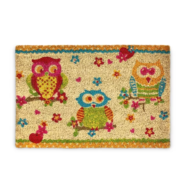 Paillasson Tapis d'entrée multicolore en fibre de coco motif 3 hiboux 60x40cm