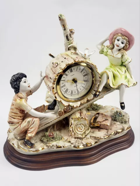 Antique/Vtg- German Porcelain Figural Clock-Uranio West Germany-Boy & Girl-13"