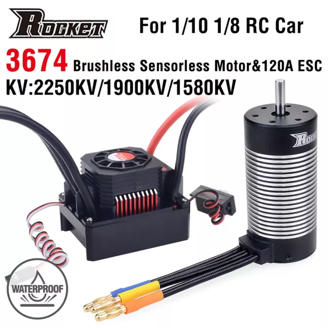Rocket 3674 Brushless Sensorless Motor + 120A ESC for 1/8 1/10 RC Car