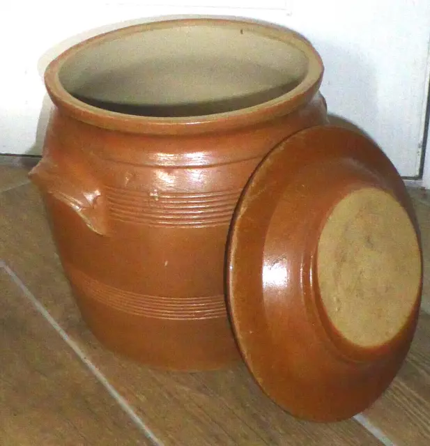 Antique French Large Stoneware Bread Crock or Salt Pot with Lid c1930