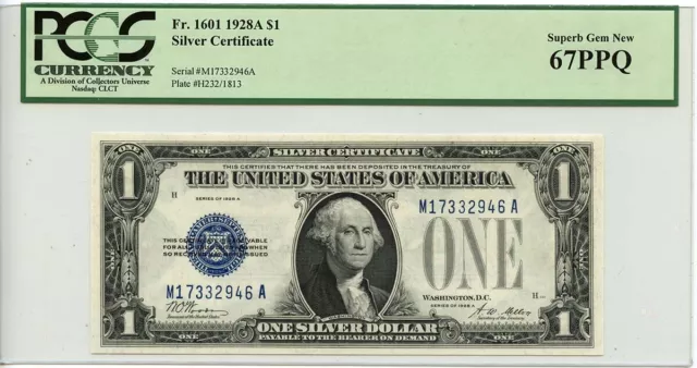 1928A $1 Silver Certificate Blue Woods Mellon Fr# 1601 PCGS SUPERB GEM 67 PPQ
