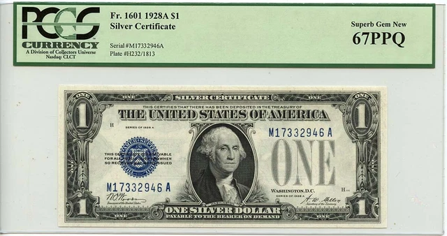 1928A $1 Silver Certificate Blue Woods Mellon Fr# 1601 PCGS SUPERB GEM 67 PPQ