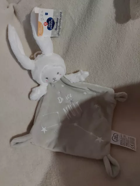 Doudou Plat MOTS D'ENFANTS Ours Déguisé en Lapin  Blanc Gris Douce Nuit neuf