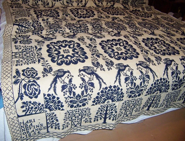 Antique 2 pc Hand Woven Blue white winter summer spread dated 1846