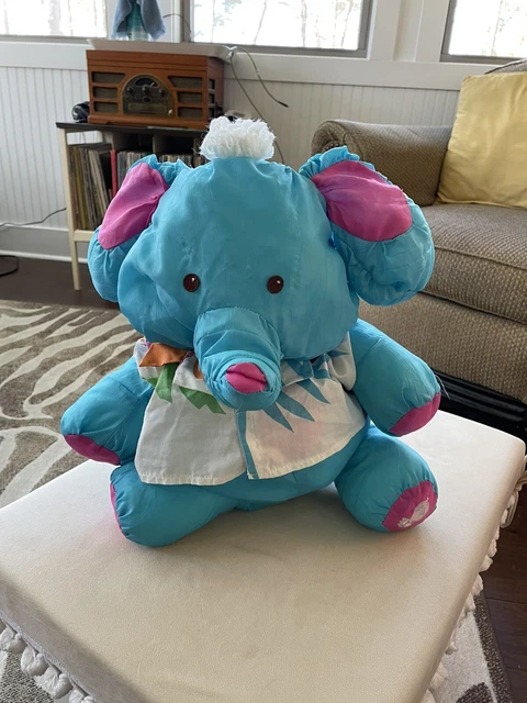 Vintage 1987 Fisher Price Puffalump Blue Elephant Hawaiian Shirt Stuffed Plush