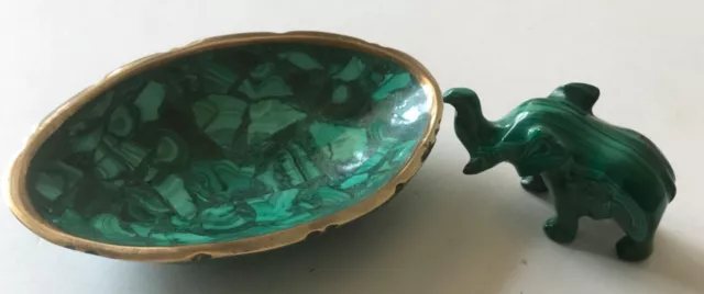 Malachite trinket pin dish edged with Brass plus Malachite damaged elephant