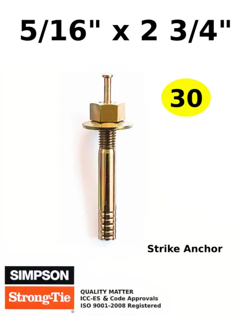(QTY 30)5/16 x 2 3/4 Strike Concrete Wedge Anchors Hammer Drive Pin Anchor Bolts