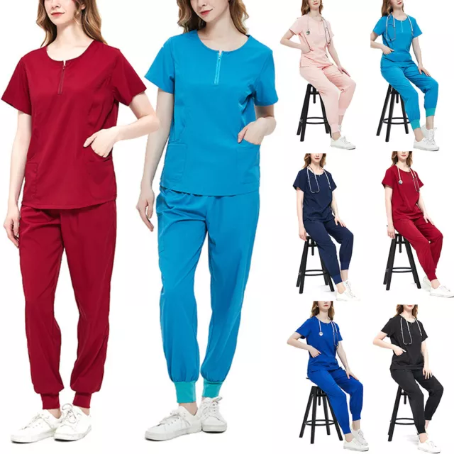 Scrub Medical Uniform Zip Top & Jogger Pant Nurse Hospital Workwear 7 》