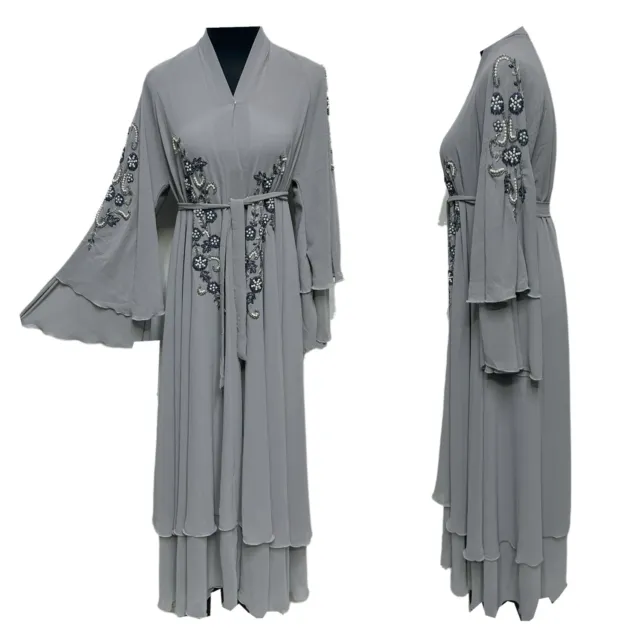 Luxus Damen Offene Vorderseite Chiffon Abaya Jalabiya Langes Kleid mit Hand Bead