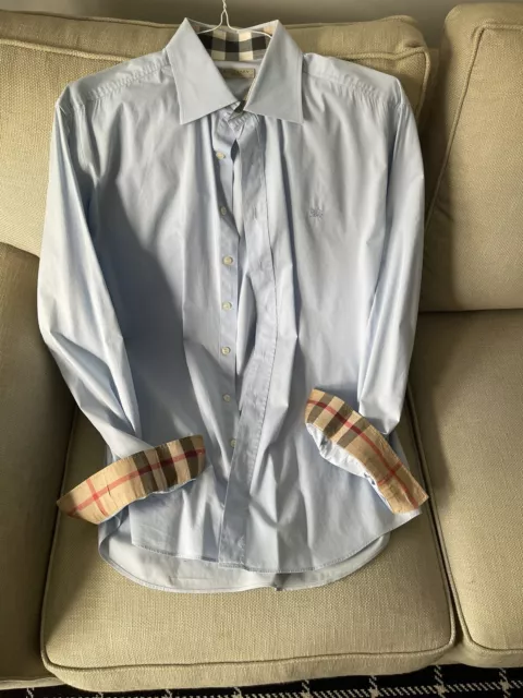 Burberry Brit Men's Nova Check Flip Cuff Dress Shirt Light Blue • Medium