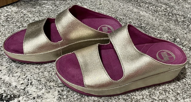 Fitflop Gold Leather & Fushia Suede Slide Sandal Size US 5 3