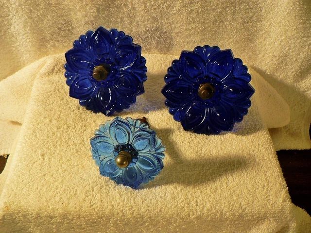 3~Antique Cobalt Blue Sandwich Glass Curtain Tie Backs Original Hardware 4.25" D