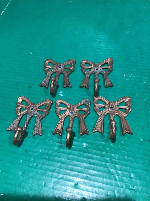 Lot of 5 Vintage Brass Ribbon Bow Wall Coat Hanger Hook 4" X 2.75 Rustic Reclaim