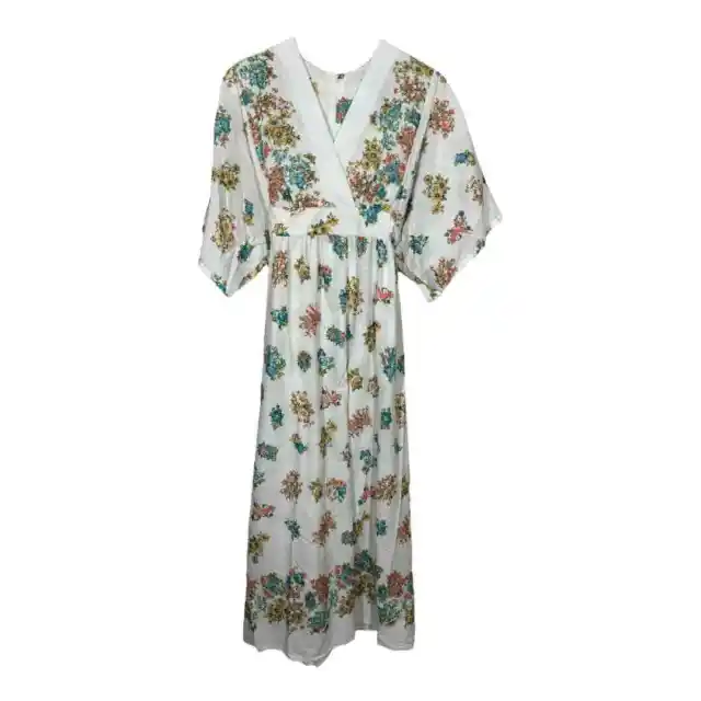 VINTAGE 1970S FLORAL Long House Dress Nightgown Medium White Cottage ...