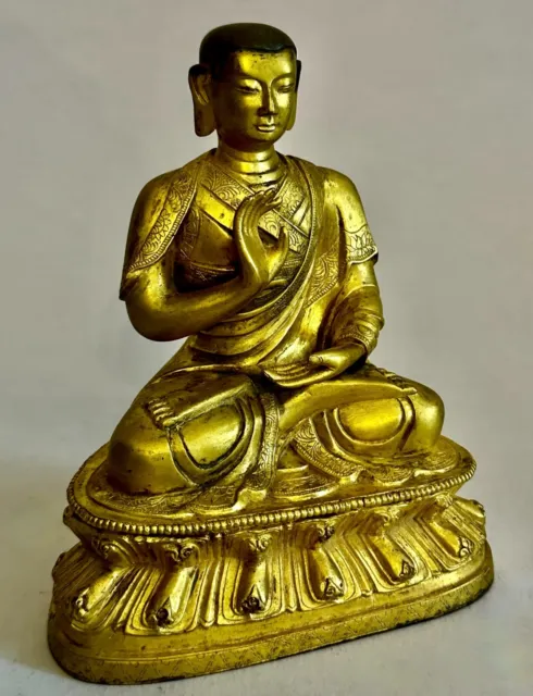Antique Tibetan Lacquered Gilt Bronze Lama Rinpoche Dharma Teaching Mudra statue