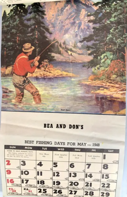 Vintage store advertising calendar Bea and Dons Fishing 1948 12 months 2