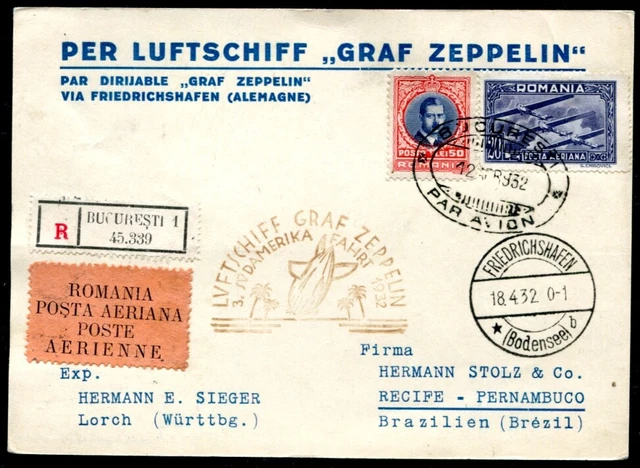 RUMÄNIEN 1931 423,387 auf ZEPPELIN 3.SAF nach BRASILIEN TADELLOS (E8502