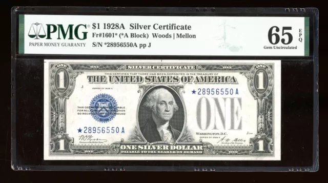 DBR 1928-A $1 Silver Funnyback STAR Gem Fr. 1601* PMG 65 EPQ Serial *28956550A