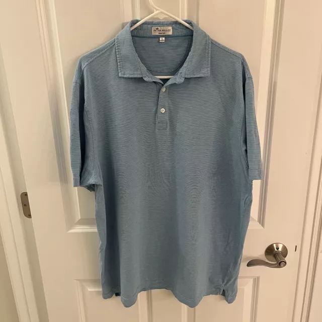 Peter Millar Crown Soft Newport Polo Shirt Men XL Blue Cotton Silk Striped Golf