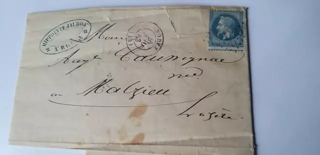 20 c Napoleon lauré  dentelé bleu sur lettre 1868  de RODEZ  à MALZIEU (Lozère)