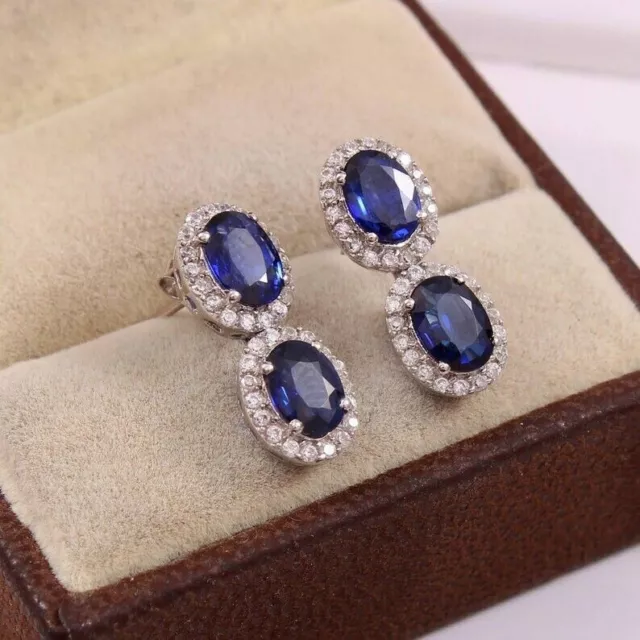 3.30 Ct Oval Cut Simulated Blue Sapphire Drop Earrings In 14k White Gold Plated