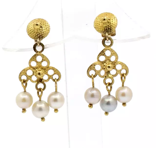 Fin de Valeur 14k Jaune Perle Or Boucles D'Oreille Chandelier