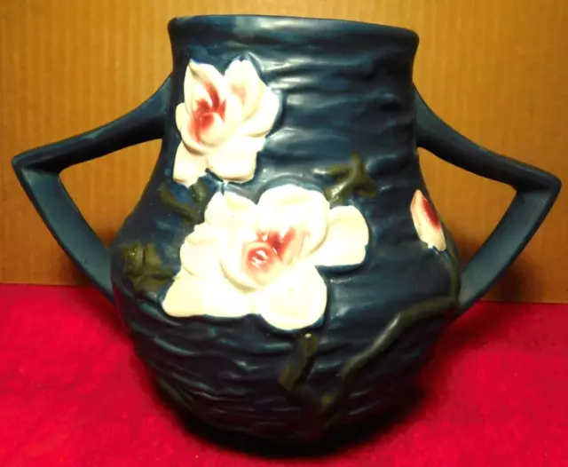 DAD~PV~Roseville Pottery 91-8 Blue Magnolia Double Handled Vase Repro. of 1943