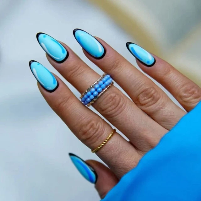 Uñas falsas presionadas uñas cómicas largas almendra uñas falsas francesas brillo