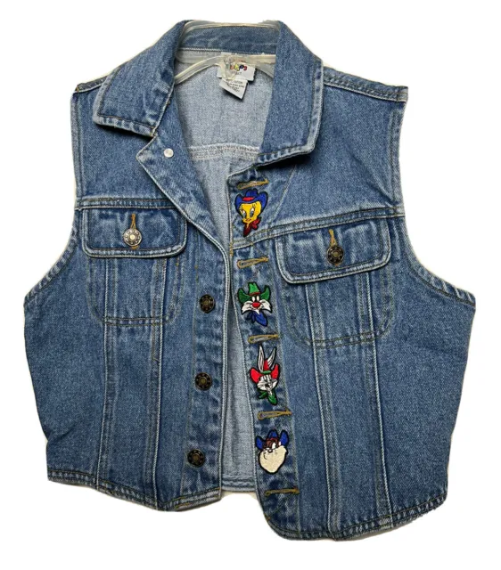 Vintage Embroidered Official Looney Tunes Denim Vest Womens Girls Small 1993