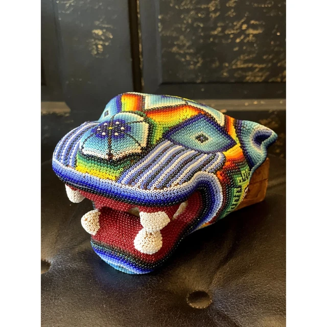 Hand Crafted Tribal Beaded Jaguar Head, Huichol Decor, Beadwork Mexican Folk Art